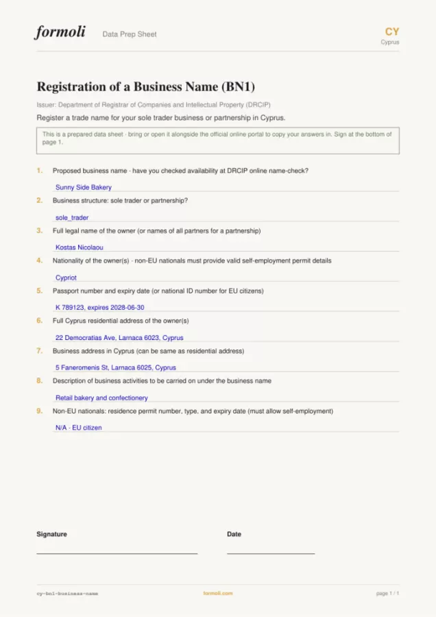 Valid Name Register File Registration of a Business Name (BN1) - Cyprus