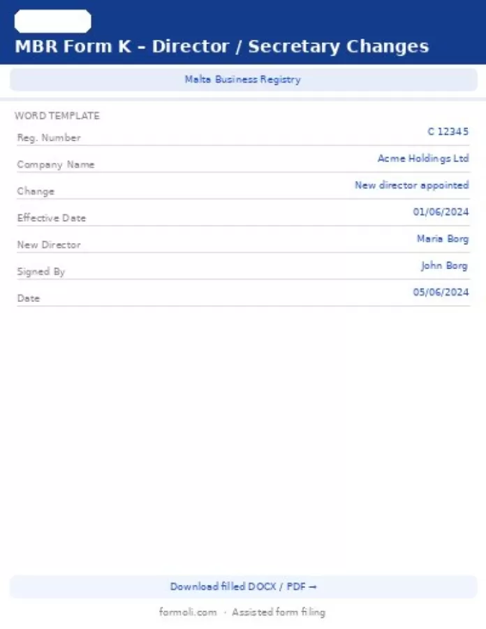 Form K Format Form K — Notification of Director / Company Secretary Changes - Malta