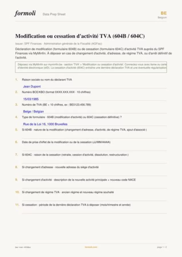 Modification ou cessation d'activité TVA (604B / 604C) - Belgium