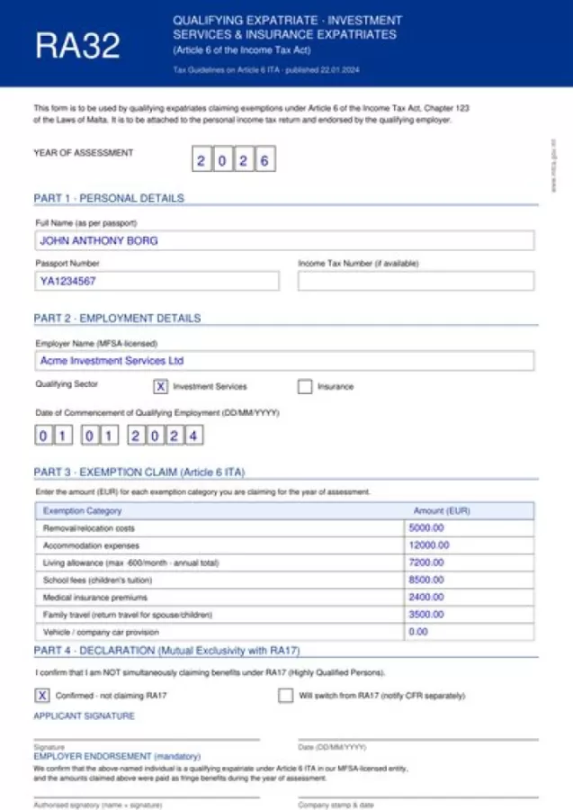 RA32 – Qualifying Expatriate (Article 6 ITA) - Malta