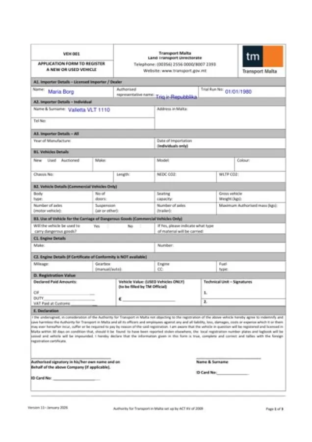 VEH 001 — Application Form to Register a New or Used Vehicle - Malta