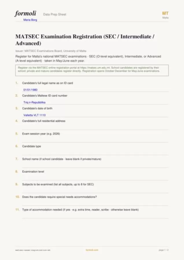 MATSEC Examination Registration (SEC / Intermediate / Advanced) - Malta