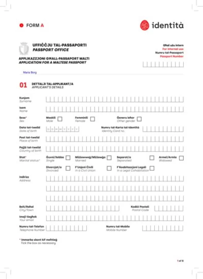 Maltese Passport Application (Form A) - Malta