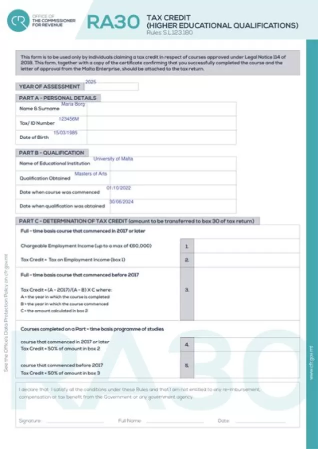 RA30 – Higher Education Qualification Tax Credit - Malta